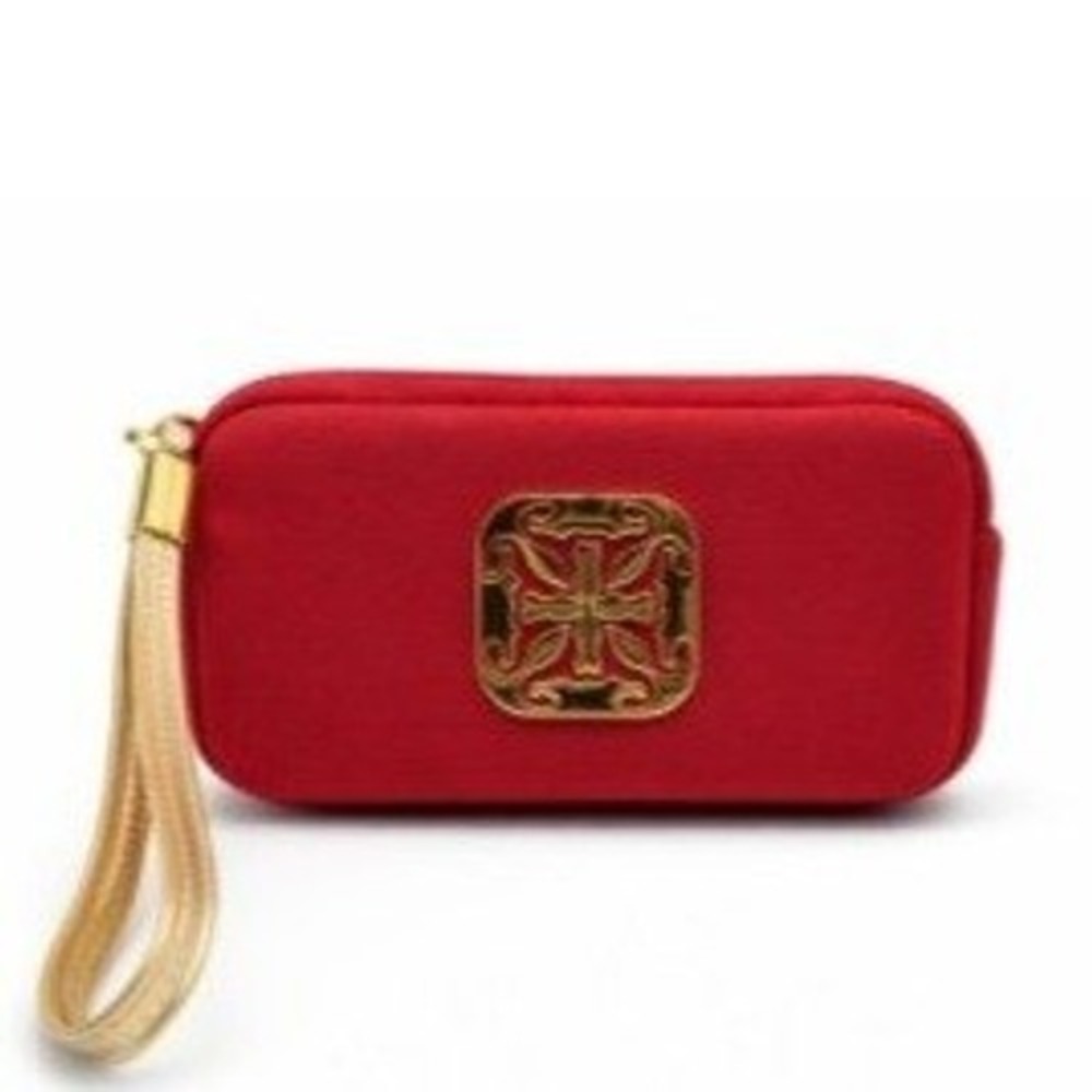 Rustic Cuff Red Wristlet Pouch Gold Logo‎ Detachable Strap Cosmetic Bag